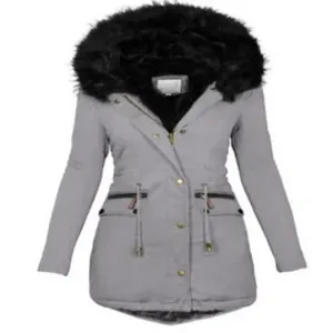 Parka d'hiver pour femme avec grand col en fausse fourrure noire gris clair