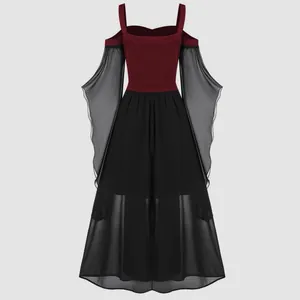Gothic burgundy and black cold shoulder dress with flowing flare sleeves for women.