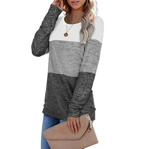Stylish women's color-block crewneck pullover sweatshirt in white and grey heather