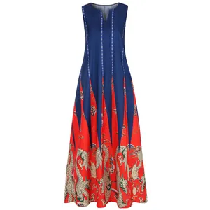 Damen ärmelloses Maxikleid mit V-Ausschnitt und orientalischem Drachendruck in Rot und Blau