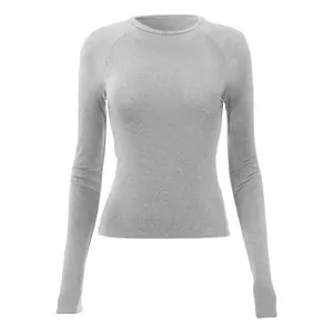 Front view of a gray slim-fit long-sleeved T-shirt with a comfortable round neck.