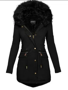 Parka d'hiver pour femme avec col en fausse fourrure noire et cordon de serrage à la taille
