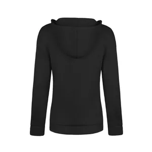 Vista posteriore di una felpa con cappuccio nera a maniche lunghe da donna, sobria