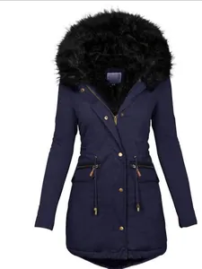 Parka d'hiver femme bleu marine avec capuche en fausse fourrure noire et cordon