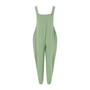 Back view of a casual sage green cotton linen sleeveless jumpsuit with elastic cuffs.