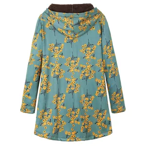 Back view of floral hooded coat with warm plush lining and long sleeves in teal