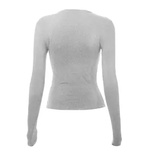 Detailed back view of a grey long sleeve tight-fitting shimmering base layer top