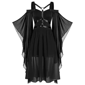 Vestido gótico de bruja con mangas acampanadas, correas de arnés y dobladillo irregular