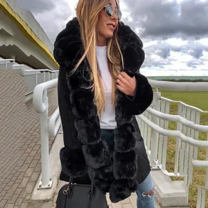 Elegant women's hooded winter coat featuring a luxurious thick faux fur collar detail