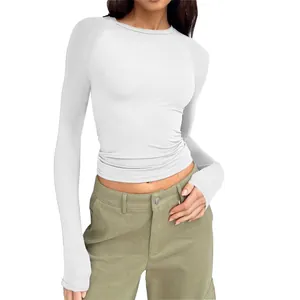 Detail of a slim-fit white long-sleeve T-shirt with raglan sleeves and round neck style