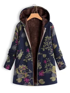 Women's long sleeve hooded floral print thick warm zip-up jacket in navy blue color