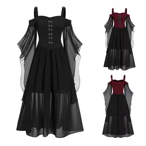 Gothic Hexe Halloween Kleid Damen Unregelmäßiges Patchwork Glockenärmel Schnürung Retro Party Cosplay Polyester Maxi Kleid
