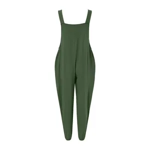 Back view of a casual olive green cotton linen sleeveless jumpsuit with tapered legs