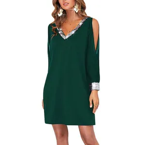 Elegant dark green cold shoulder mini dress with silver sequin V-neck trim detail