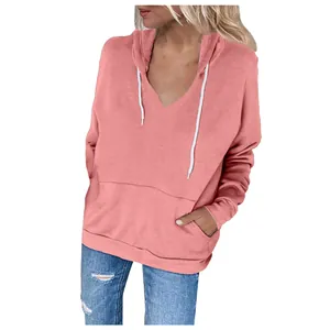 Felpa rosa da donna con cappuccio, scollo a V, maniche lunghe e coulisse