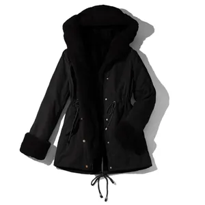 Detailed visual of women's stylish black winter parka featuring faux fur hood and cuffs