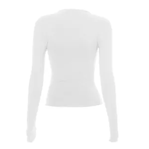Back view of women's white slim fit round neck raglan long sleeve T-shirt apparel