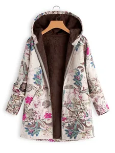 Detail view of women's floral hooded jacket with brown plush fleece lining and zipper