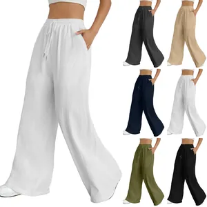 Damen Weite Hose aus Baumwollleinen mit Kordelzug und Gummibund, in mehreren Farben
