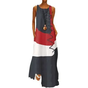 Vintage sleeveless color-block maxi dress featuring geometric prints and functional pockets