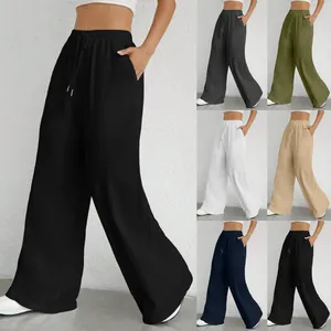 Hoch taillierte weite Freizeithose mit Kordelzug in verschiedenen Unifarben und Struktur
