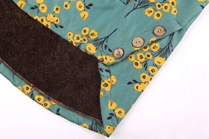 Detail of floral jacket showing soft brown plush lining and vintage wooden buttons