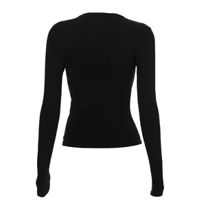 Back view of a classic black slim fit long sleeve raglan T-shirt for women, casual wear.