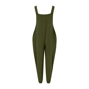 Detailed back view of army green cotton linen overalls with wide straps and tapered legs.