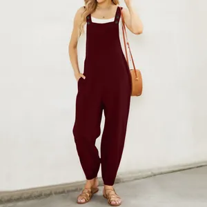 Casual burgundy cotton linen women's overalls with front pocket and button straps
