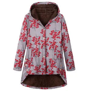 Detailed macro view of floral hooded jacket featuring soft plush lining and irregular hem