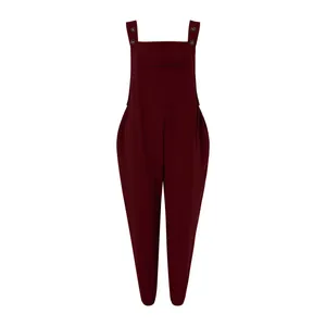 Casual solid dark red cotton linen overalls jumpsuit with front pocket and button details