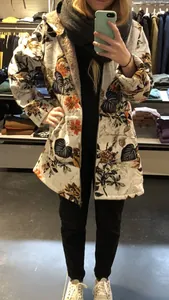 Women Mid-length Hooded Floral Print Jacket Thick Warm Fleece Lined Long Sleeve Zipper Top Coat Plus Size Outerwear