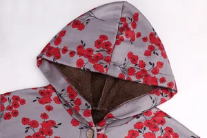 Detail shot of women's floral hooded jacket with warm brown plush lining and buttons.