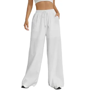 Weiße Damen-Freizeithose mit Kordelzug, hoher Taille und weitem Bein für Komfort