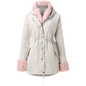 Women's stylish off-white hooded parka featuring pink faux fur collar and drawstring waist