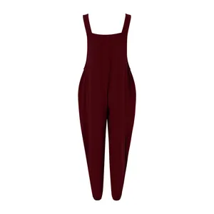 Casual burgundy sleeveless jumpsuit for women with tapered legs and wide shoulder straps