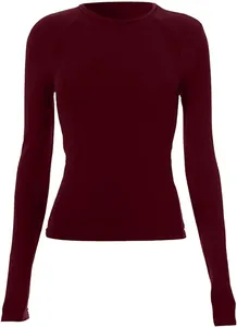 Minimalist slim fit burgundy crewneck raglan long sleeve basic T-shirt for women