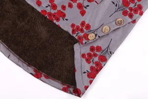 Close-up detail view of floral print coat featuring soft plush lining and wooden buttons