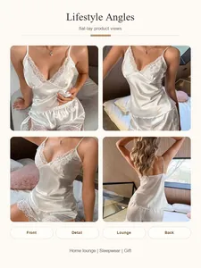 Dettagli del set pigiama in raso bianco con canotta, pantaloncini e pizzo elegante