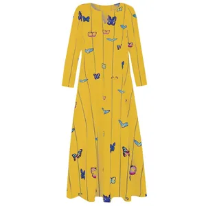 Robe longue jaune élégante à manches longues avec imprimé papillon vintage et col en V