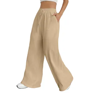 Damen lockere weite Freizeithose mit Kordelzug und elastischem Bund in Khaki-Beige