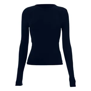 Detailed front view of a slim fit navy blue long sleeve t-shirt with raglan sleeves.