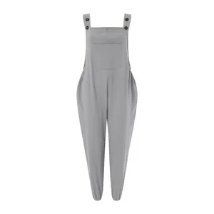 Grey cotton linen overalls with front pocket and decorative button straps for women