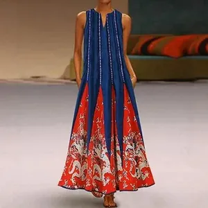 Elegantes ärmelloses Maxi-Kleid mit V-Ausschnitt, Drachendruck und Seitentaschen
