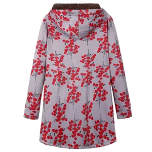 Detailed back view of women's gray floral hooded coat featuring red flower print and plush lining