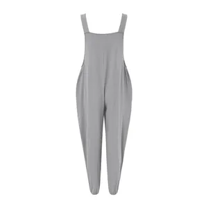 Full rear view of a casual solid grey cotton linen jumpsuit with large pockets and jogger cuffs