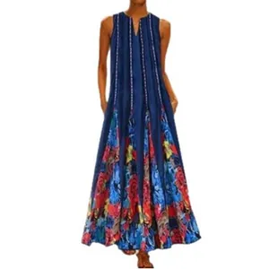 Elegantes ärmelloses Maxikleid mit V-Ausschnitt und lebhaftem Vintage-Blumendruck
