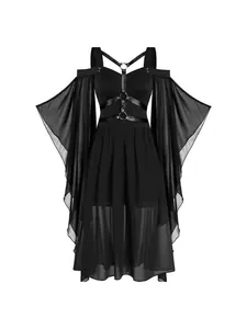 Vestido de Bruja Gótico Vintage de Halloween para Mujer Poliéster Patchwork de Malla Mangas de Campana Dobladillo Irregular Vestido Maxi