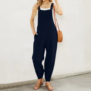 Stylish navy blue cotton linen jumpsuit featuring button straps and functional side pockets