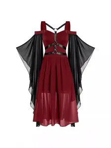 Vestido gótico de bruja con mangas de ala transparentes y detalle de arnés